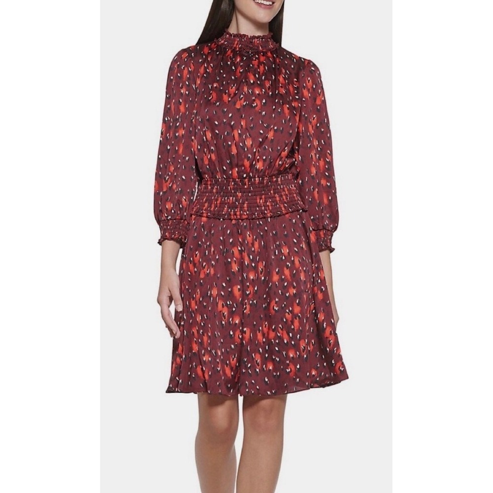 NWT Karl Lagerfeld Paris Smocked Waist 3/4 Sleeve Burgundy Animal Print SZ 2